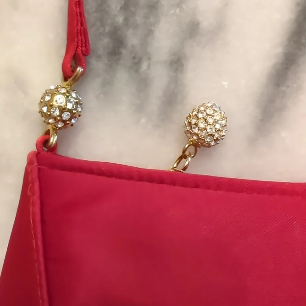 Vintage Valerie Stevens red satin Evening Bag With Jeweled Hardware - Picture 2 of 13